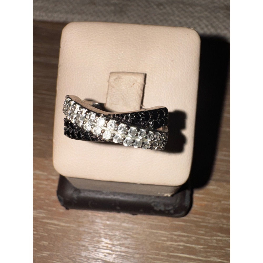 Black and White‎ Pave Criss Cross X Ring Silver Tone Statement Band 6.5 - Picture 2 of 6